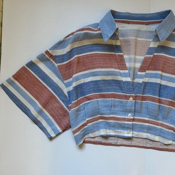 Zara Blouse Striped Linen Blend Button Up Cropped Short Sleeve Collared Sz S - Picture 11 of 14